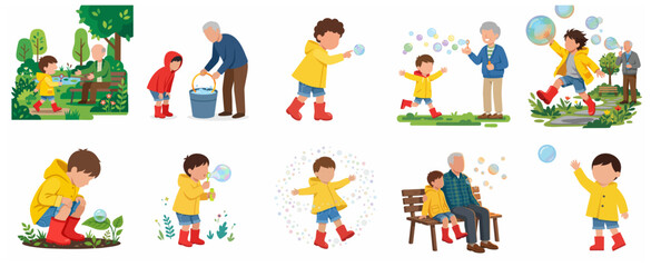 Fototapeta premium Vector illustration set of a grandfather and grandson playing with soap bubbles in a park garden