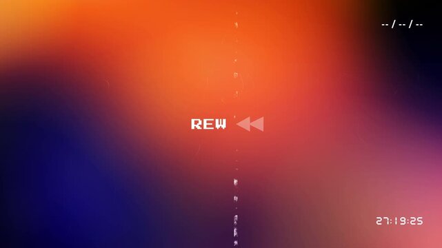 Retro VHS rewind effect with colorful light leaks and analog video defects including a descending timecode and glitchy tracking lines on a dark background