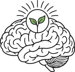 Obraz premium Human brain icon with a small green plant growing from the top