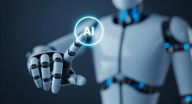 A sleek white humanoid robot pointing its finger at a glowing blue circle containing the letters AI in a futuristic laboratory setting.
