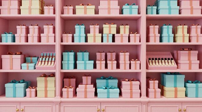 Pink retail shelves stacked with gift boxes and cosmetic items. Pastel colored presents ready for sale and promotions in a boutique store. Lovely feminine product display.