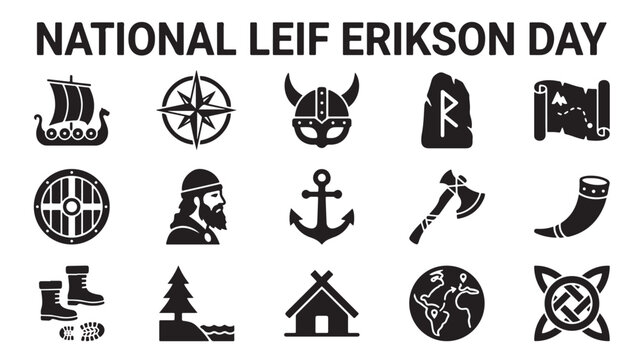 National Leif Erikson Day solid icon set. Features viking ship, helmet, compass, rune stone, and map. Black vector glyphs for Nordic exploration history.