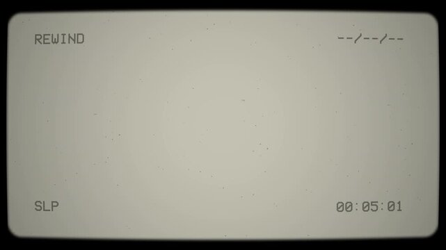 Old damaged vhs rewind screen with retro analog noise and timecode