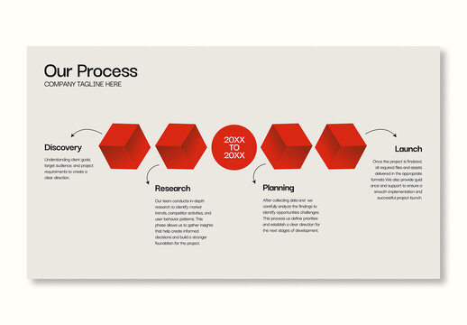 Business Process Steps Infographic Template with Minimal Red Cubes Illustration