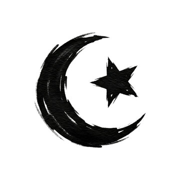 a minimalist, high-contrast crescent moon and star icon rendered in distressed matte black calligraphic ink brushstrokes, isolated on a transparent background. concept of religious symbolism
