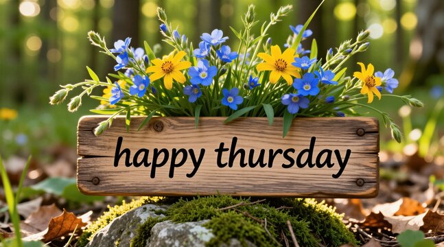 Wooden board with Happy Thursday text inscription stands on mossy forest stone. Bouquet of blue, yellow wildflowers sits behind wooden sign. Outdoor nature background with green foliage, soft