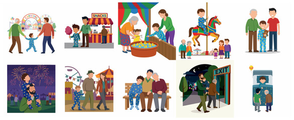 Multi-generational Family Enjoying a Day and Night at the Carnival Amusement Park Vector Illustration Set