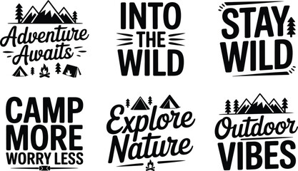 Fototapeta premium Vintage camping quotes vector set, outdoor adventure badges, nature labels Editable Vector
