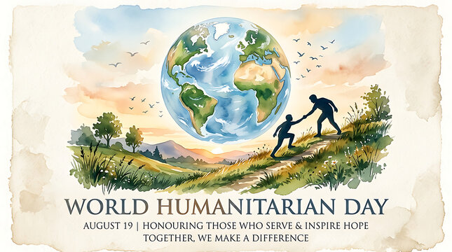 World humanitarian day watercolor art featuring one person helping another climb up a grassy hill