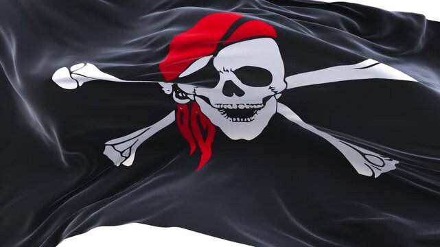 Pirate flag waving and swirling, looping Close-up camera angle with transparent background, with alpha matte layer for transparency in the background.