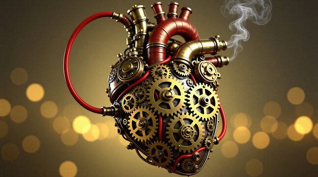 Steampunk heart sculpture made of brass, metal gears with smoke steam rising from pipes. Antique clockwork anatomy model shows mechanical invention. Detailed golden metallic engine shape represents