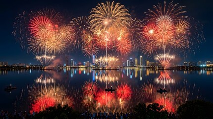 Fototapeta premium Stunning fireworks display over a city skyline reflecting in a calm lake at night