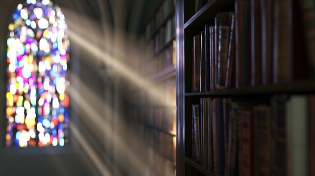 Medieval monastery library corner with stained glass sunbeams illuminating dust motes, deep depth of field, quiet sacred atmosphere