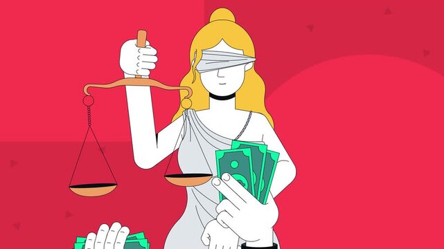 Corruption in justice system 2D animation concept. Biased ruling. Judge bribery. Lady Justitia amazed by cash while lifting blindfold animated cartoon flat metaphor creative idea 4K video hero section