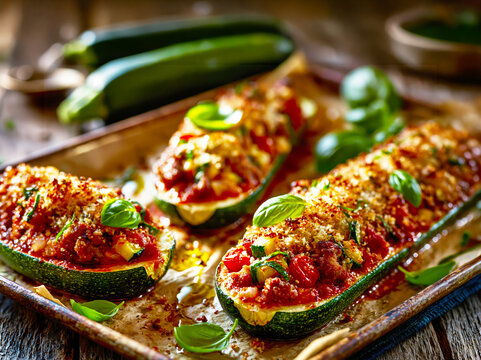 Italian Sausage Stuffed Zucchini Boats with Tomatoes &ndash; AI Generative