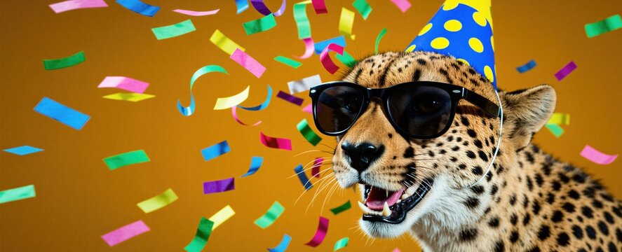Funny cheetah wears blue party hat, dark sunglasses. Wildcat celebrates birthday with colorful falling confetti paper pieces against yellow background. Spotted predator animal joyful expression in