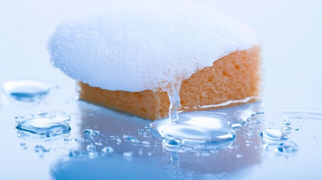 Macro wet sponge with water droplets and bright reflections, even studio light, clean background, absorbent material detail