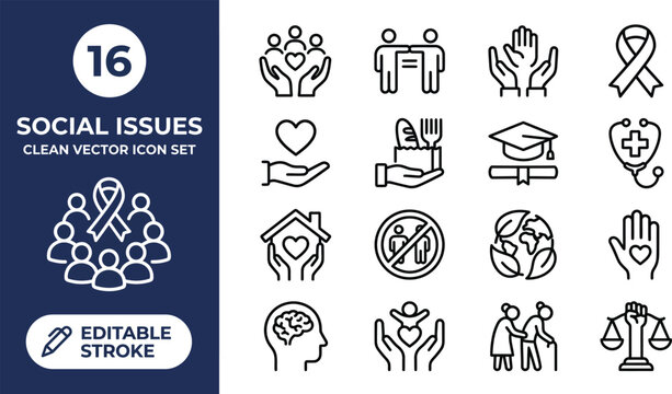 Social issues and community support line icons set featuring charity healthcare education and human rights concepts