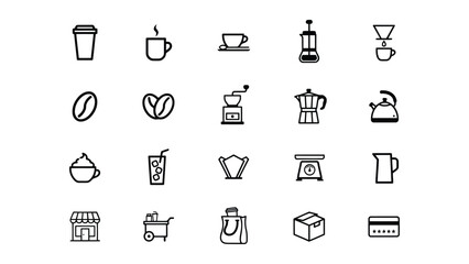 Fototapeta premium Collection of Minimalist Coffee Related Icons with Transparent Background Featuring Drinks and Equipment