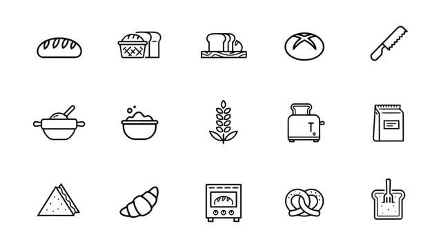 Collection of minimalist line icons depicting various baking and breadmaking tools and ingredients with transparent background