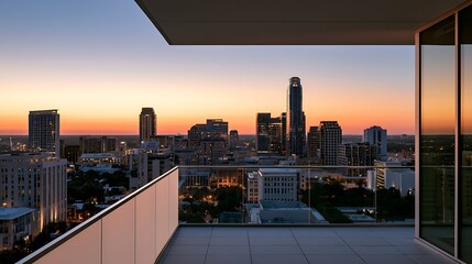 Fototapeta premium Stunning Austin City Skyline View from a Modern Luxury High Rise Apartment Balcony at Sunset.