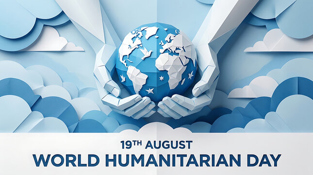 Paper craft art representing world humanitarian day with hands holding globe humanitarian equality