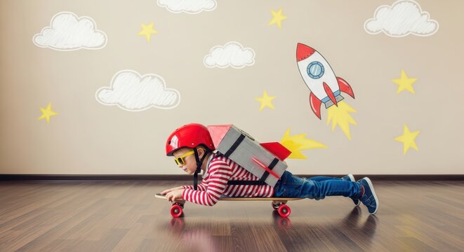 Imaginative Little Boy Playing Astronaut on Skateboard with Cardboard Rocket Backpack and Space Wall Art