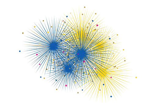 Complex 2d vector illustration of exploding geometric confetti bursts (lines, dots) in vibrant yellow, metallic gold, azure blue, and neon magenta, isolated on white copy space. Concept for dynamic