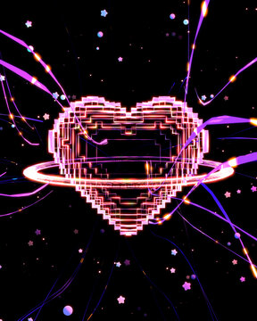 3D render of neon heart-shaped planet with energetic wavy strands.