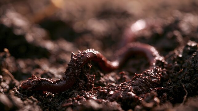 Earthworm crawling in dark soil macro, wet texture and natural light, organic design background stock