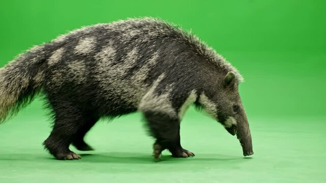 Coati on a Green Screen: A coati walks with its distinctive long nose to the ground on a vibrant green background, showcasing its unique anatomy and curious nature.