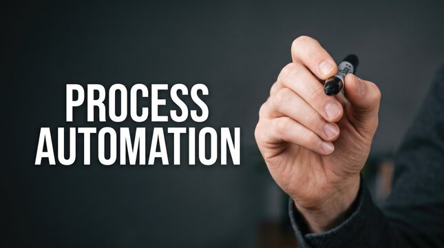 Hand writing process automation concept on whiteboard background with marker with captures close up hand holding marker emphasizing efficiency technological workflows