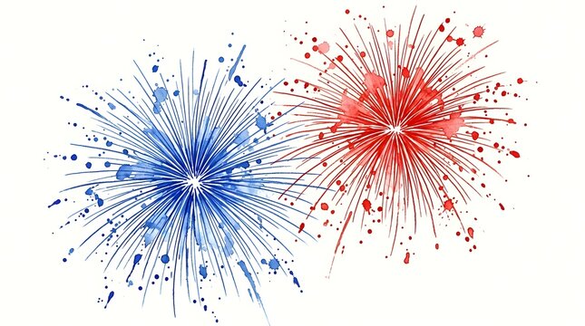 Watercolor illustration of blue and red fireworks isolated on white background