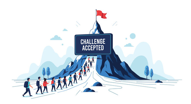 Team of motivated people climbing a steep snowy mountain towards a red flag at the summit to achieve a goal and accept the challenge.