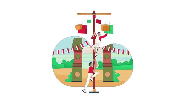 Panjat pinang Independence Day competition cartoon animation. Traditional village game. Indonesian people climbing greasy pole animated flat 2D characters 4K video isolated on transparent background