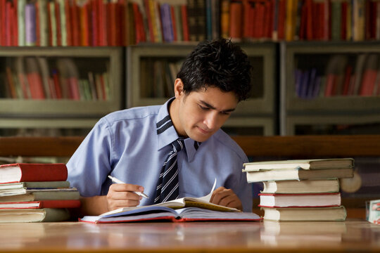 Boy studying in a school library