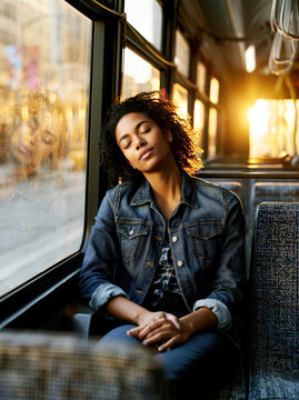 Peaceful Young Woman Resting on a Bus During Golden Hour &ndash; AI Generative &ndash; no real persons