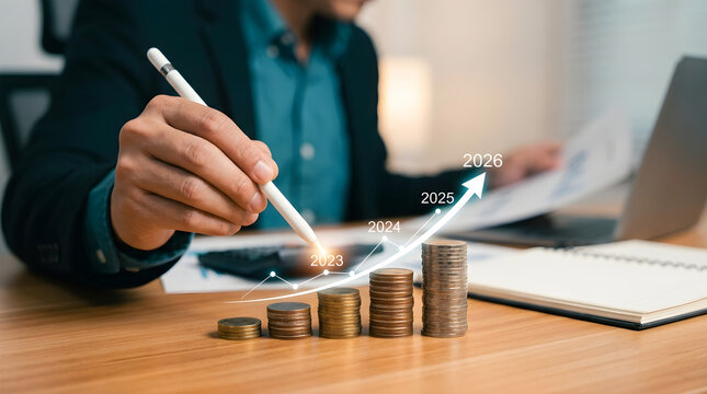 Financial Growth Forecasting Concept Person Holding Stylus Over Coin Stack Chart Office