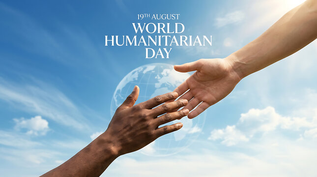 World humanitarian day concept with human hands reaching toward a glowing earth against blue sky