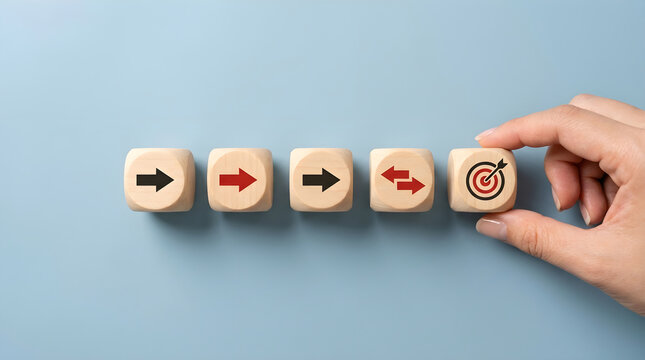 Strategic Goal Alignment Concept Hand Placing Wooden Cube on Light Blue Background