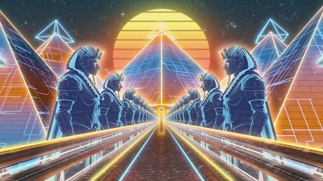 Synthwave Outrun Stone Bridge Loop with Giant Pharaoh Guardians and Neon Pyramids 4K