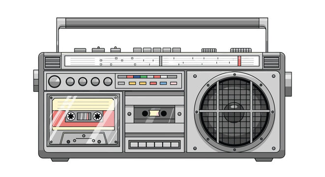 Vintage retro boombox radio cassette player with various buttons, knobs, and speakers in detailed flat illustration style.