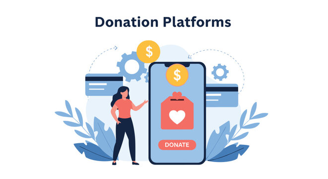 Online donation platform concept with a woman standing by a giant smartphone showing a heart in a contribution box for charity purposes.
