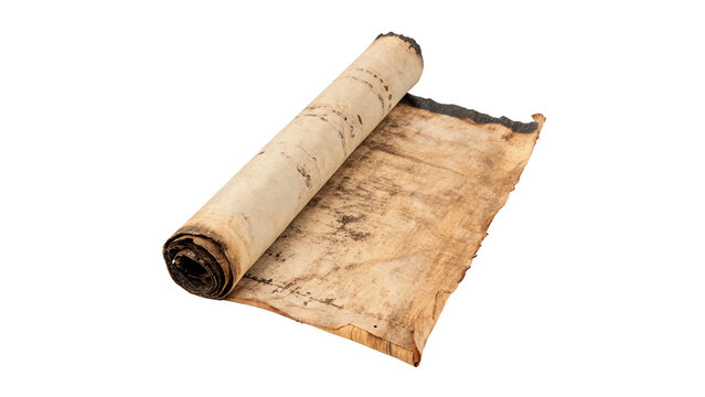 Ancient rolled vintage manuscript paper scroll tied with twine isolated on transparent background