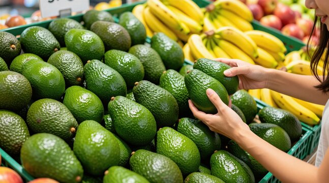 Asian woman chooses fresh green avocados in food store grocery aisle. Female customer hands select organic tropical fruit produce for healthy diet nutrition. Buyer picks ripe raw vegetables in