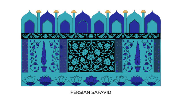 Very beautiful realistic vector illustration of a PERSIAN SAFAVID TILE WALL featuring a bold interior label reading "PERSIAN SAFAVID", luxurious floral arabesques, Persian cypress trees, lotus blossom