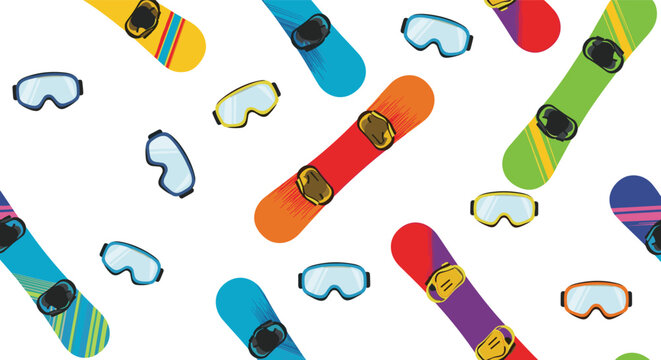 Colorful seamless pattern background featuring various snowboards and winter goggles for mountain sports and snowboarding lovers.
