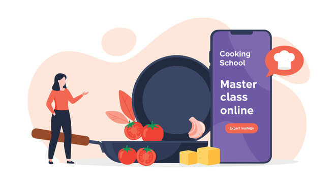 Virtual cooking school masterclass concept where a woman teaches culinary skills using a smartphone app and kitchen equipment.