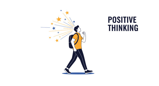 Motivated young man walks forward with bright stars exploding from his head representing creative ideas and positive thinking.