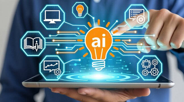 Person holds tablet with digital interface showing artificial intelligence concept. Hand touches screen with glowing light bulb icon, tech network lines. Pro user interacts with virtual software